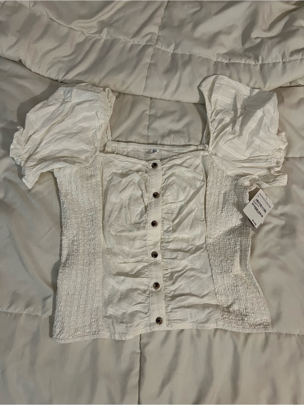 Nordstrom White Smocked Puff Sleeve Button-Front Blouse